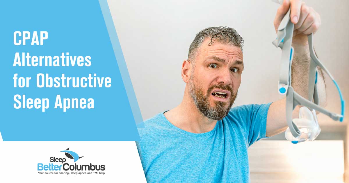 Image of unhappy shocked man with chronic breathing issues surprised by using CPAP machine sitting on the bed in bedroom. Obstructive Sleep Apnea (OSA) affects millions of people, causing disrupted sleep and leaving them feeling exhausted and frustrated. Continuous Positive Airway Pressure (CPAP) machines are the most common treatment, but they come with several drawbacks that make it challenging for many individuals to adhere to their use. Struggling with OSA can have a severe impact on your quality of life. The noise, discomfort, and inconvenience of CPAP machines make it difficult to sleep well and lead to additional stress and anxiety. Sleep Better Columbus offers a revolutionary alternative for those suffering from OSA. Our CPAP alternatives provide effective treatment options that are comfortable, convenient, and can significantly improve your sleep quality without the need for a noisy machine. Experience the freedom of restful sleep without the hassle of cumbersome equipment. Our personalized solutions will help you find the relief you deserve while addressing the specific challenges you face with obstructive sleep apnea. Don't let OSA control your life any longer. Discover the CPAP alternatives offered by Sleep Better Columbus and start enjoying refreshing sleep again!