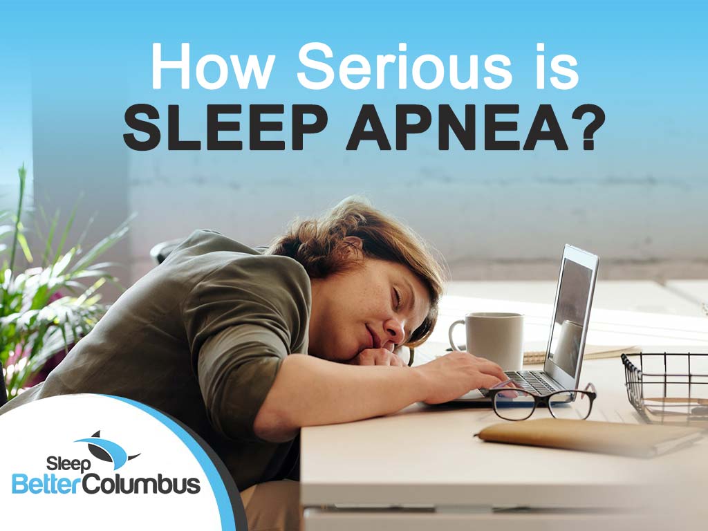 Photo of a woman sleeping at her desk with the text: How Serious is Sleep Apnea?