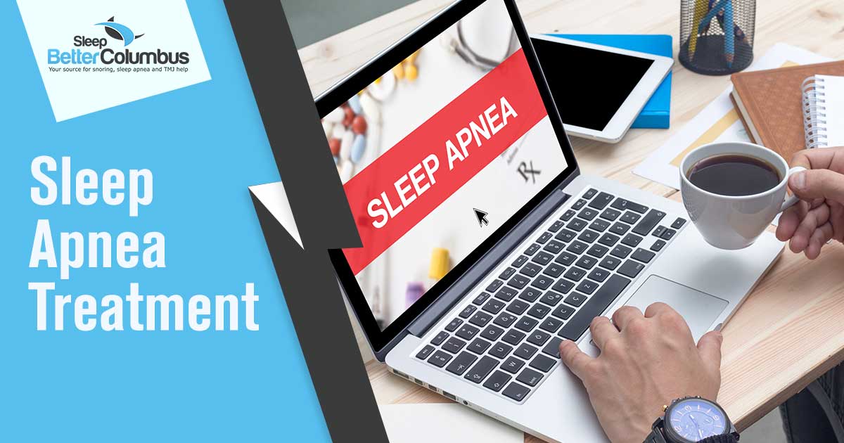 Sleep Better Columbus - someone sitting at their desk using their laptop with sleep apnea on the screen in a red colored banner. We offer comprehensive sleep apnea treatment in Columbus. Sleep Better Columbus provides the latest technology in diagnosing and treating the problem. Our doctors and specialists can help you get a better night's rest.