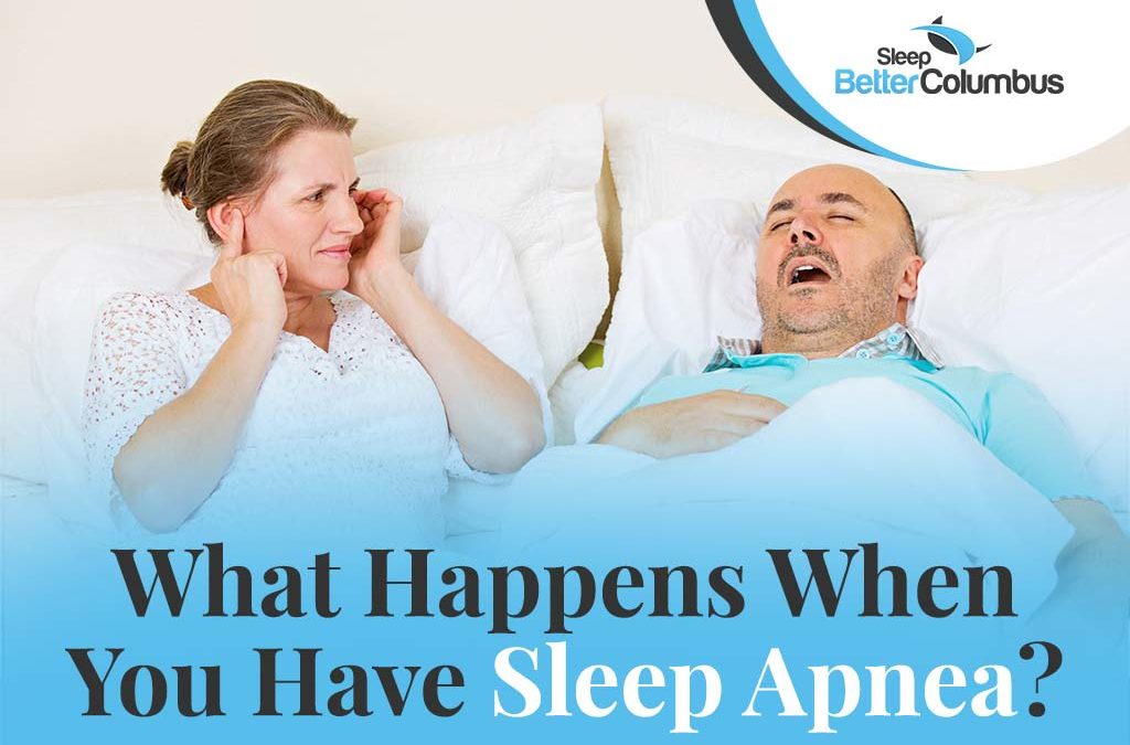 Photo of a man snoring with the text: What Happens When You Have Sleep Apnea?