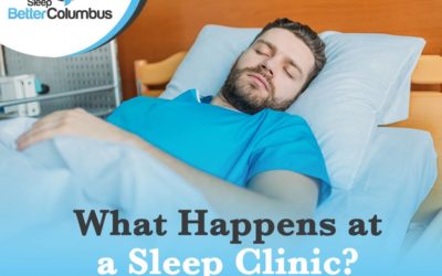 Photo of a man sleeping with the text: What Happens at a Sleep Clinic?