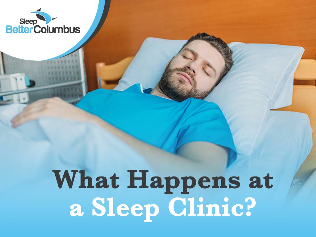 Photo of a man sleeping with the text: What Happens at a Sleep Clinic?