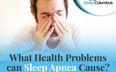 Photo of a sleepy man with the text: What Health Problems can Sleep Apnea Cause?