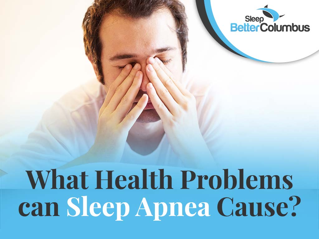 Photo of a sleepy man with the text: What Health Problems can Sleep Apnea Cause?