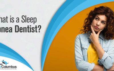 Image of a woman in thoughtful pose, symbolizing contemplation. Overlay text reads 'Sleep Better Columbus' and 'What is a Sleep Apnea Dentist?' This image corresponds with the page's theme, likely discussing sleep-related issues and dental care.