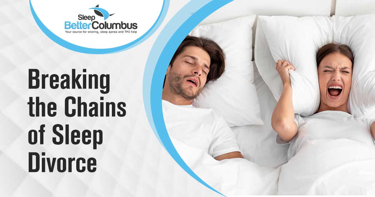 Image is of Unhappy woman awake lying in bed, shouting, covering ears with pillow because of mans snoring. Sleep Better Columbus - Say goodbye to sleepless nights and wake up refreshed with Sleep Better Columbus! Our innovative "Sleep Divorce" solution allows couples to sleep separately while preserving their relationship. With individual sleeping spaces tailored to each partner's needs, you can finally enjoy uninterrupted and restful nights of sleep. Sleep Better Columbus provides a range of comfortable and customizable sleeping options, including separate bedrooms or adjustable beds that allow for personalized comfort settings. Reclaim your nighttime tranquility and wake up ready to conquer each day together - without the fatigue and tension that comes from sharing a bed. Experience the benefits of Sleep Better Columbus and discover how sleeping separately can actually strengthen your relationship by allowing both partners to enjoy the rejuvenating rest they deserve. Don't let an incompatible sleep routine ruin your relationship - try Sleep Better Columbus today!